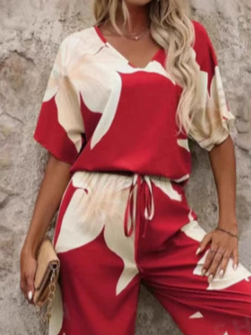 Printed V-Neck Floral Set showing relaxed wide-leg silhouette – Voguelle