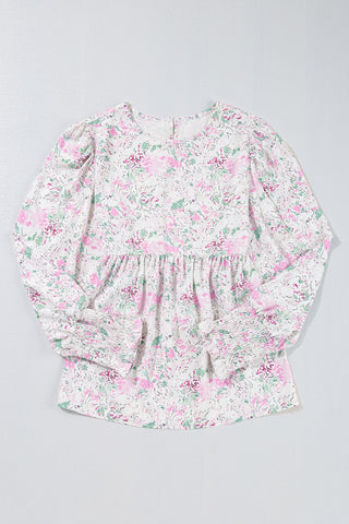 Pink and green floral blouse with gathered waist – Voguelle