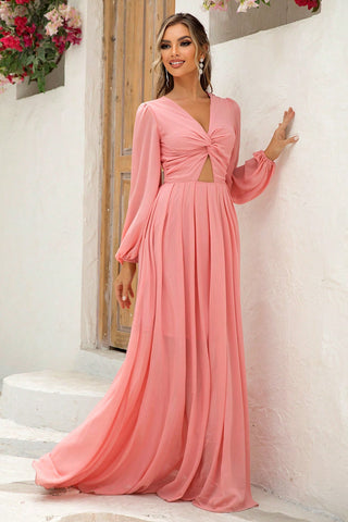 Elegant royal blue maxi dress with twist front cutout and long sleeves – Voguelle