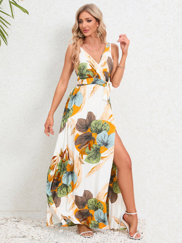 Relaxed fit of floral wrap slit maxi dress – Voguelle