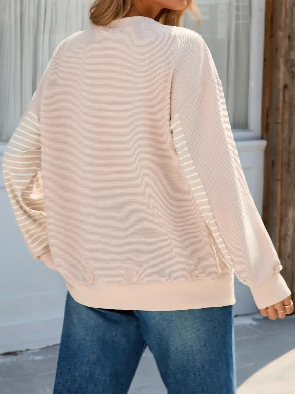 Back view of Striped Patchwork Long Sleeve Sweatshirt in beige – Voguelle