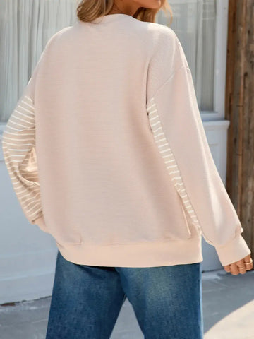 Back view of Striped Patchwork Long Sleeve Sweatshirt in beige – Voguelle