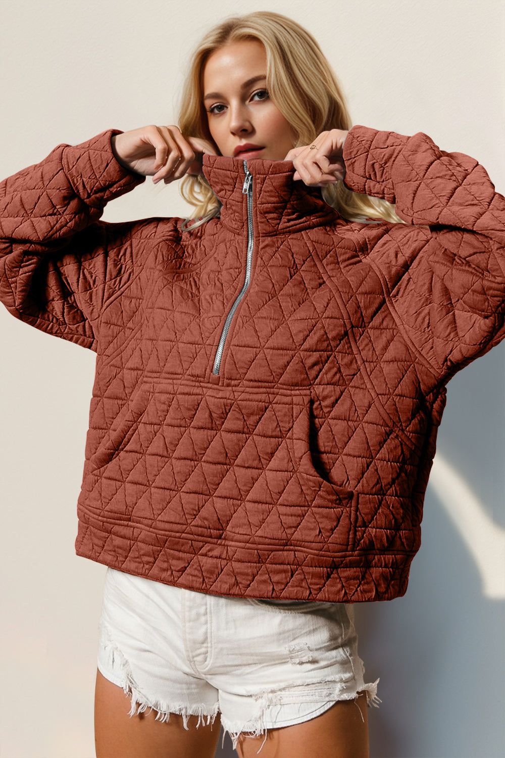 Rust quilted half zip sweatshirt with relaxed fit – Voguelle
