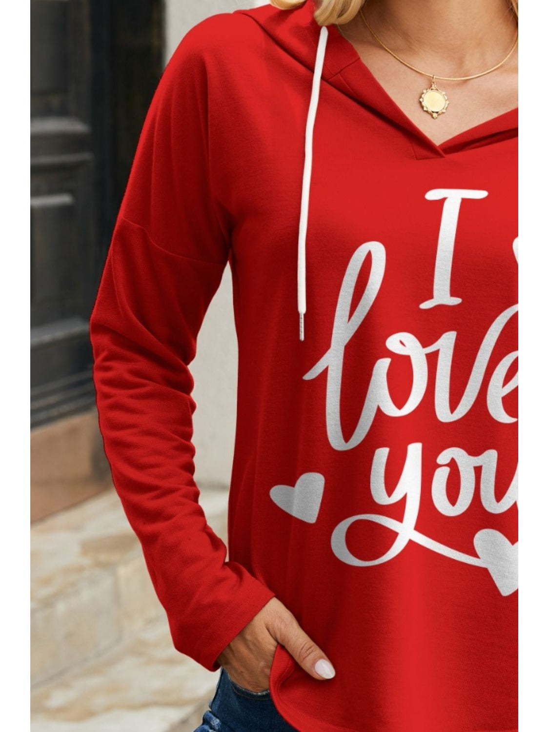 Side angle Red Long Sleeve Hoodie – Voguelle