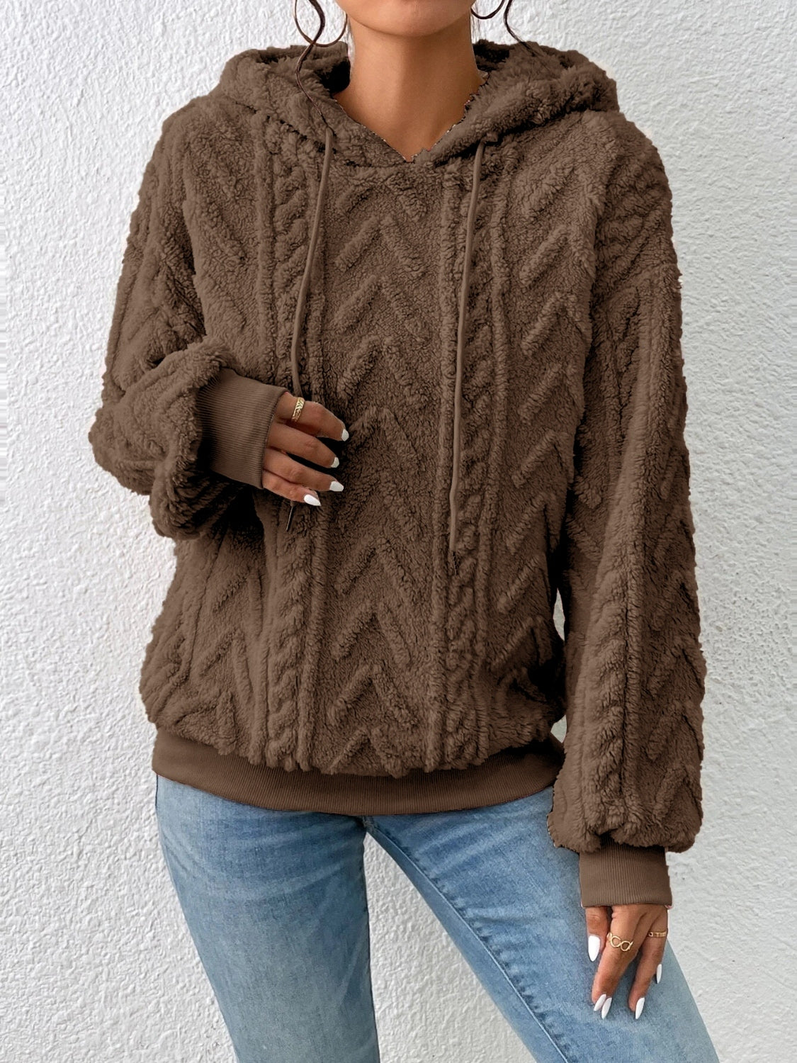 Casual outfit featuring fleece textured hoodie in beige – Voguelle