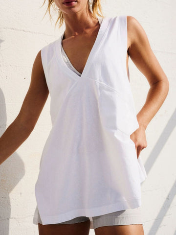 Close-up neckline detail of V-neck tank top – Voguelle