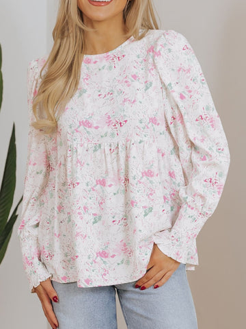 Long sleeve white blouse with floral pattern – Voguelle