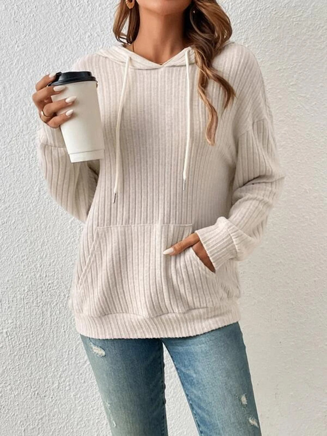 Front detail of sage ribbed drawstring hoodie with long sleeves – Voguelle