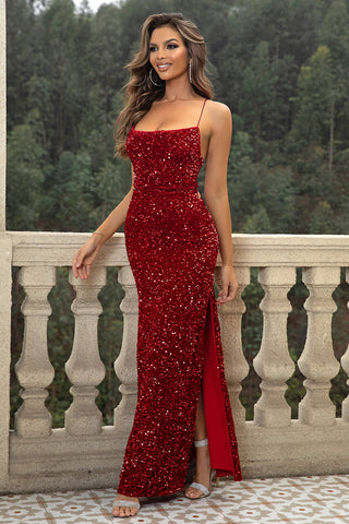 Side angle Sequin Red Maxi Dress with slit – Voguelle
