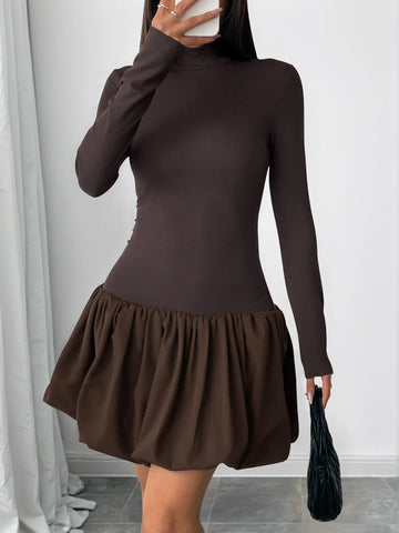 Brown long sleeve bubble hem dress walking pose – Voguelle