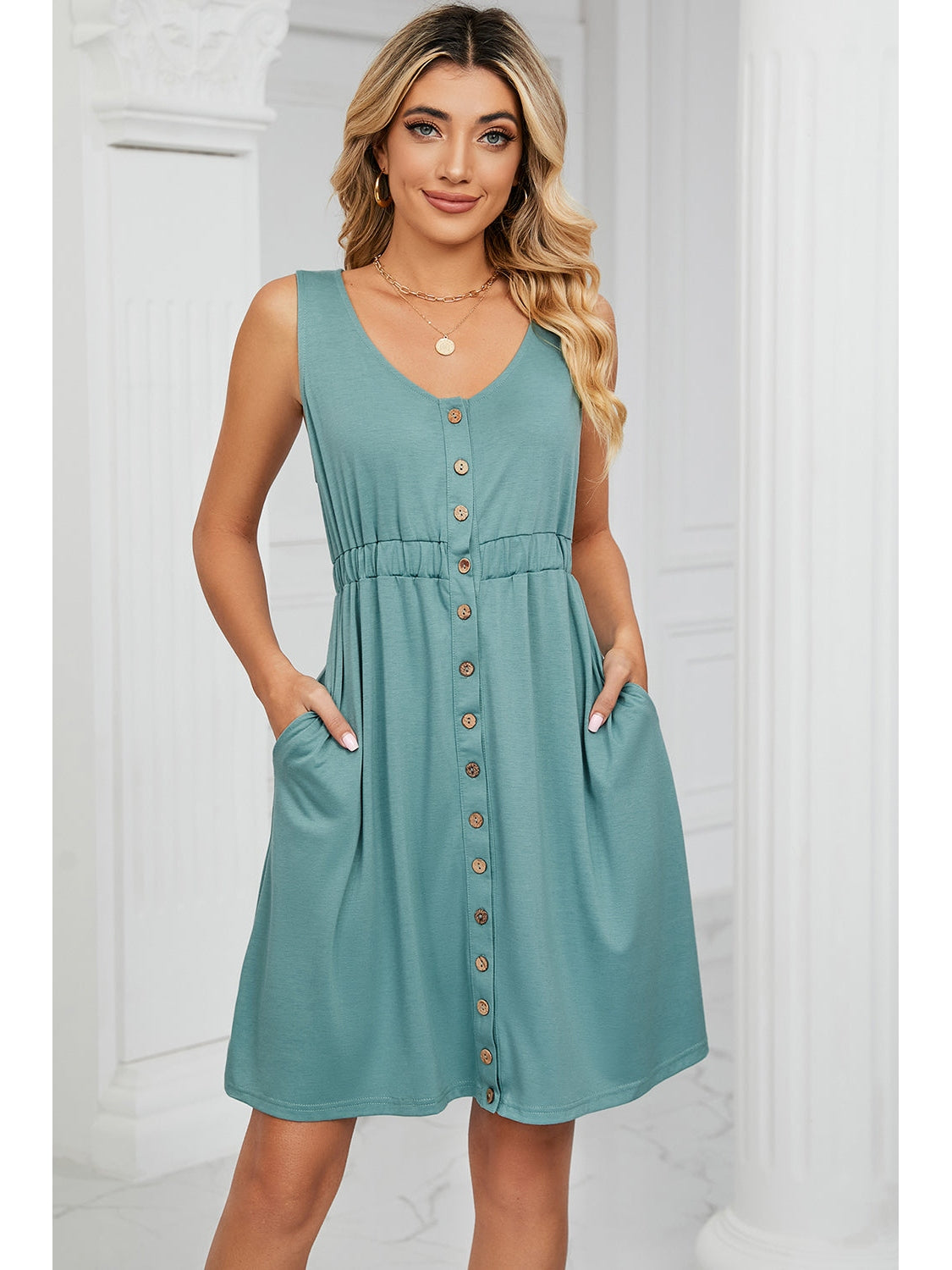 Front view of V-neck mini tank dress – Voguelle