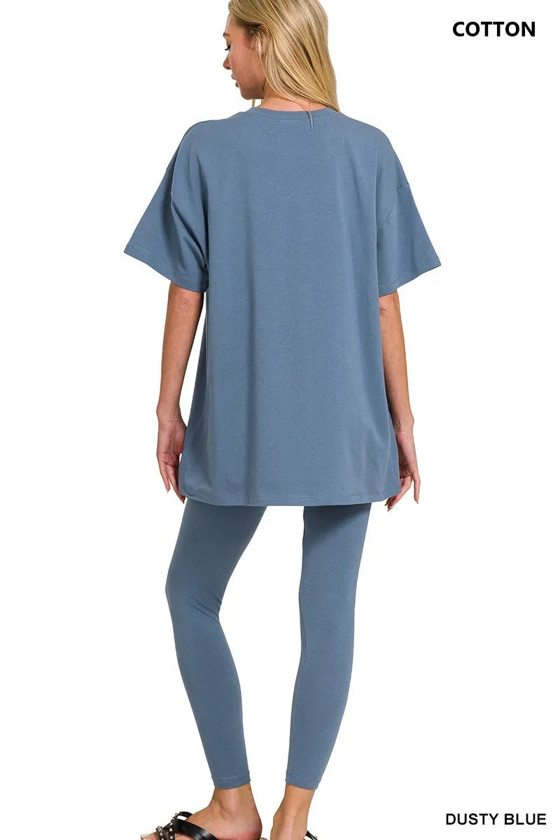 Back view dusty blue cotton round neck top with leggings – Voguelle