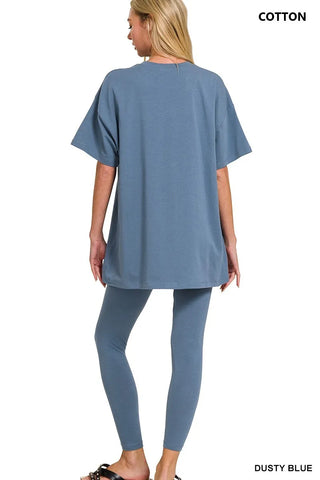 Back view dusty blue cotton round neck top with leggings – Voguelle