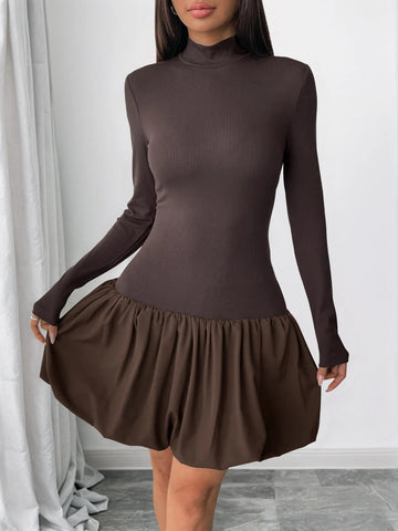 Brown mock neck bubble hem dress front view – Voguelle