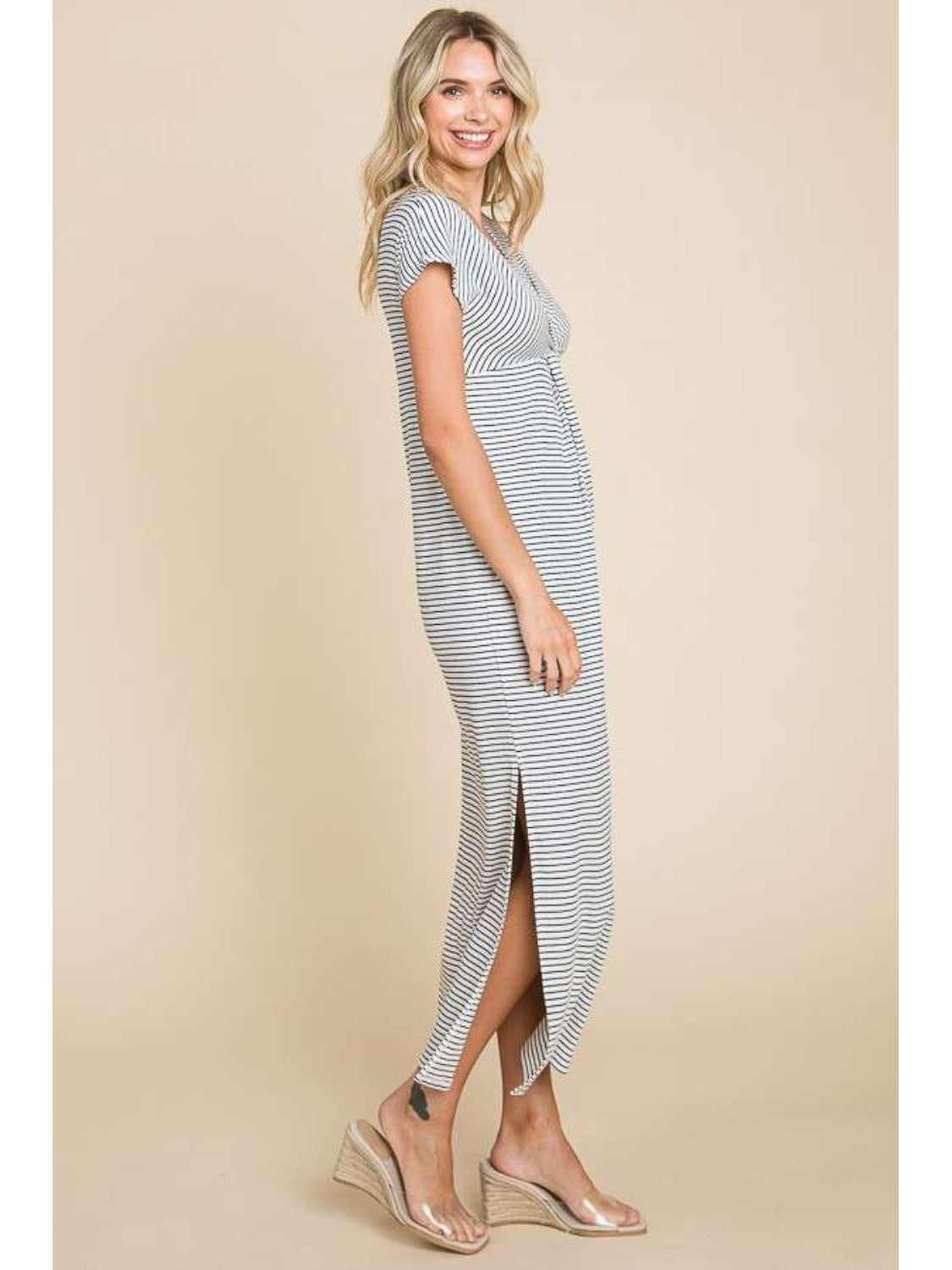Side angle of Striped Twisted Detail Dress – Voguelle