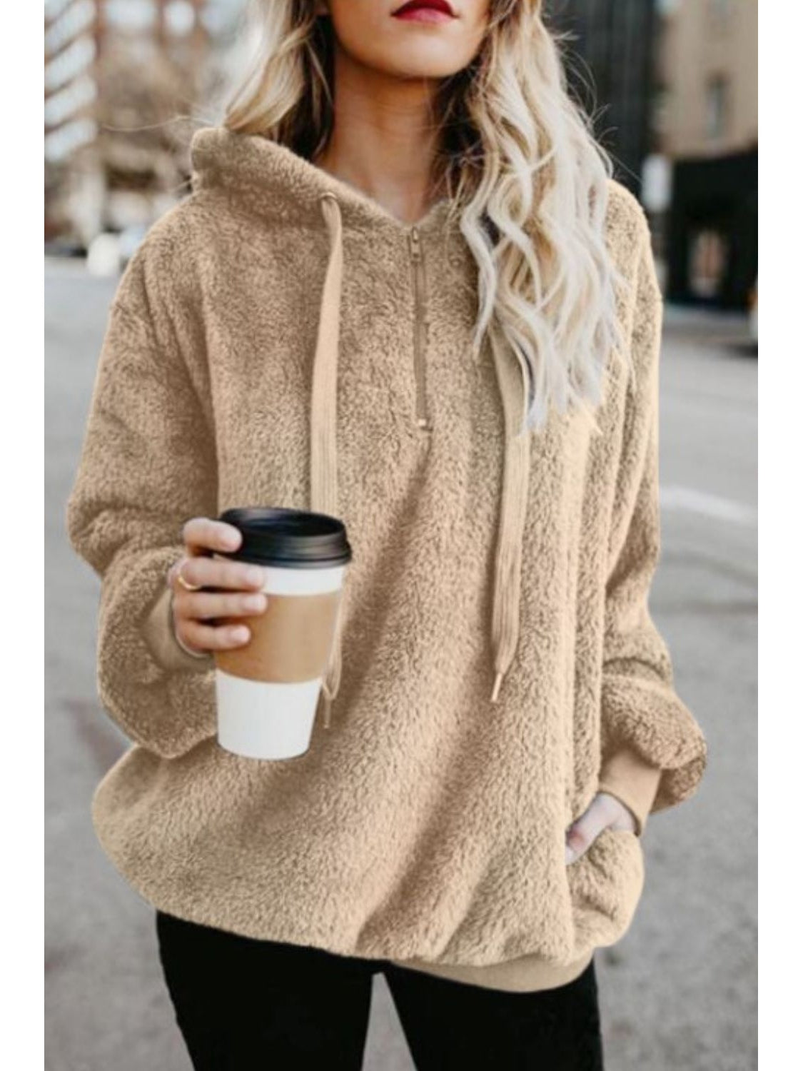 Front detail of fuzzy teddy pullover hoodie – Voguelle