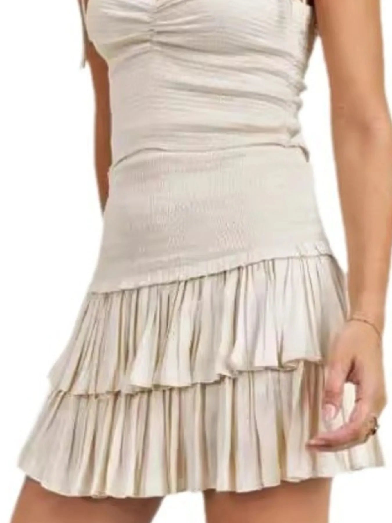 Side angle of white ruched cami and layered ruffle mini skirt set – Voguelle