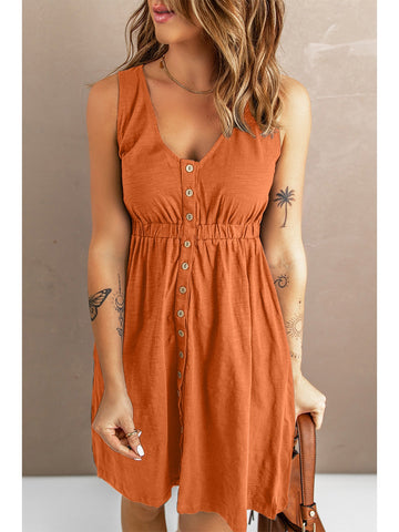 Front view of black sleeveless button down mini dress – Voguelle