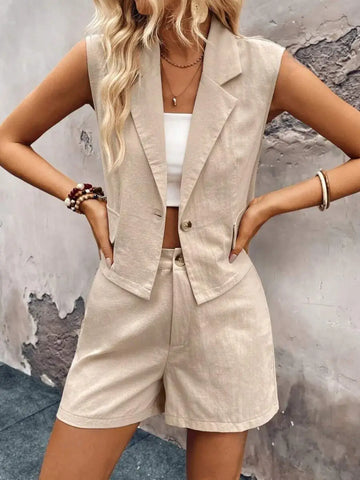 Front view of One Button Sleeveless Top & Shorts Set in beige on model – Voguelle