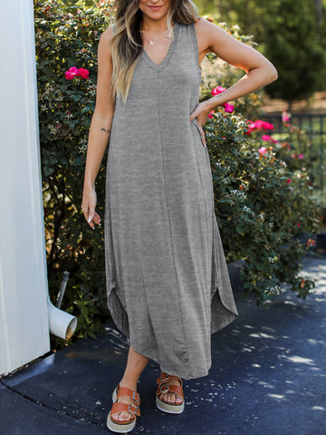 Model wearing grey V-Neck Midi Tank Dress – Voguelle
