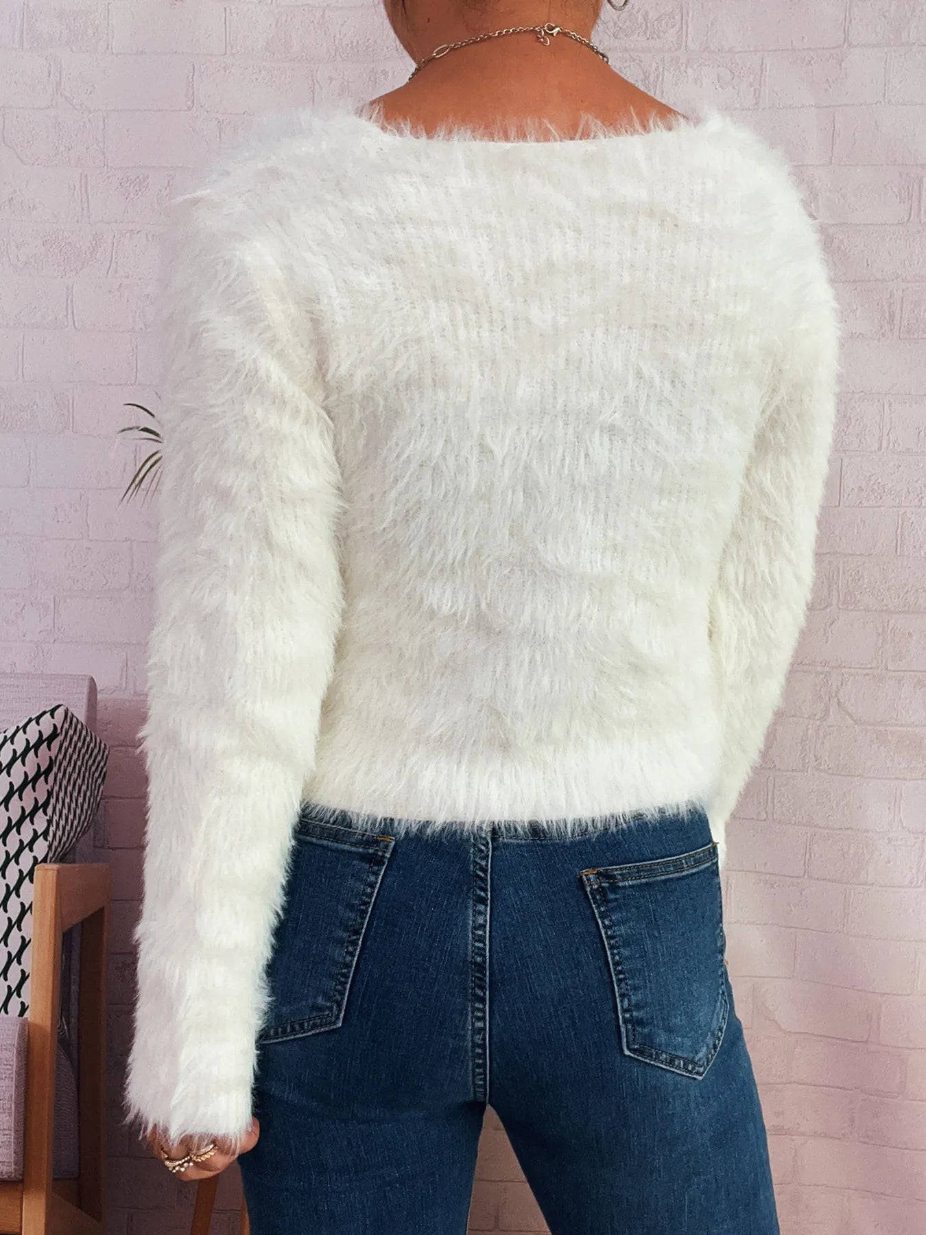Back view of Fuzzy Heart Shape Button-Up Cardigan in white – Voguelle