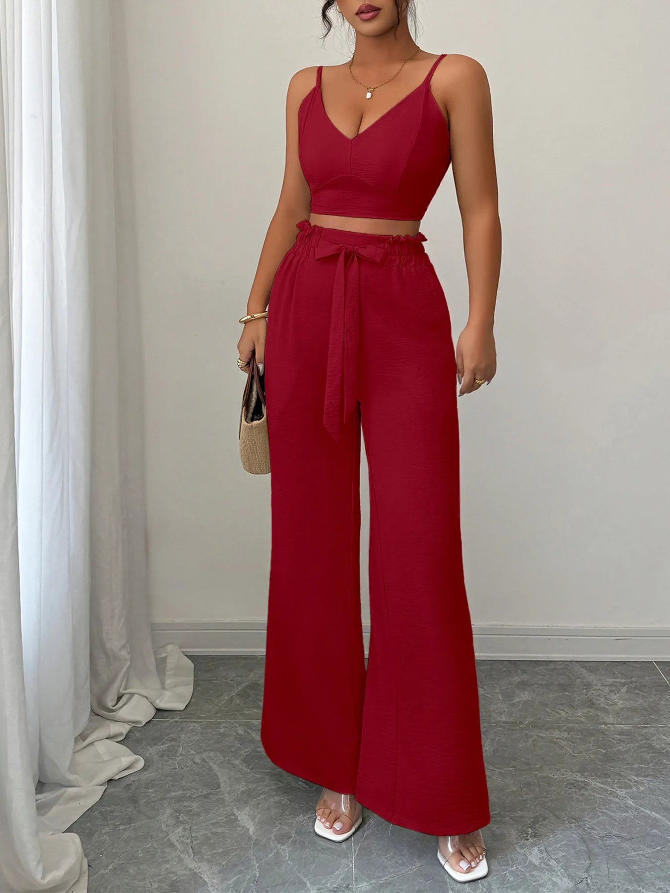 Back view of green cami crop top with tie waist wide leg pants – Voguelle