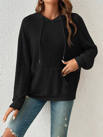 Long sleeve ribbed hoodie in sage with front kangaroo pocket – Voguelle