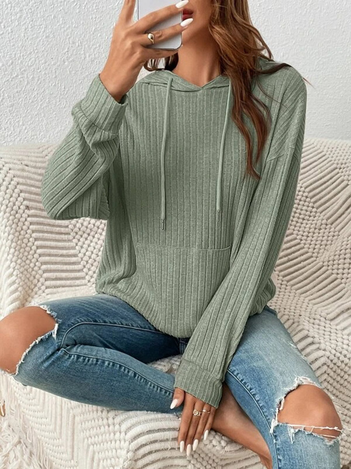 Ribbed texture long sleeve hoodie in sage with drawstring hood – Voguelle