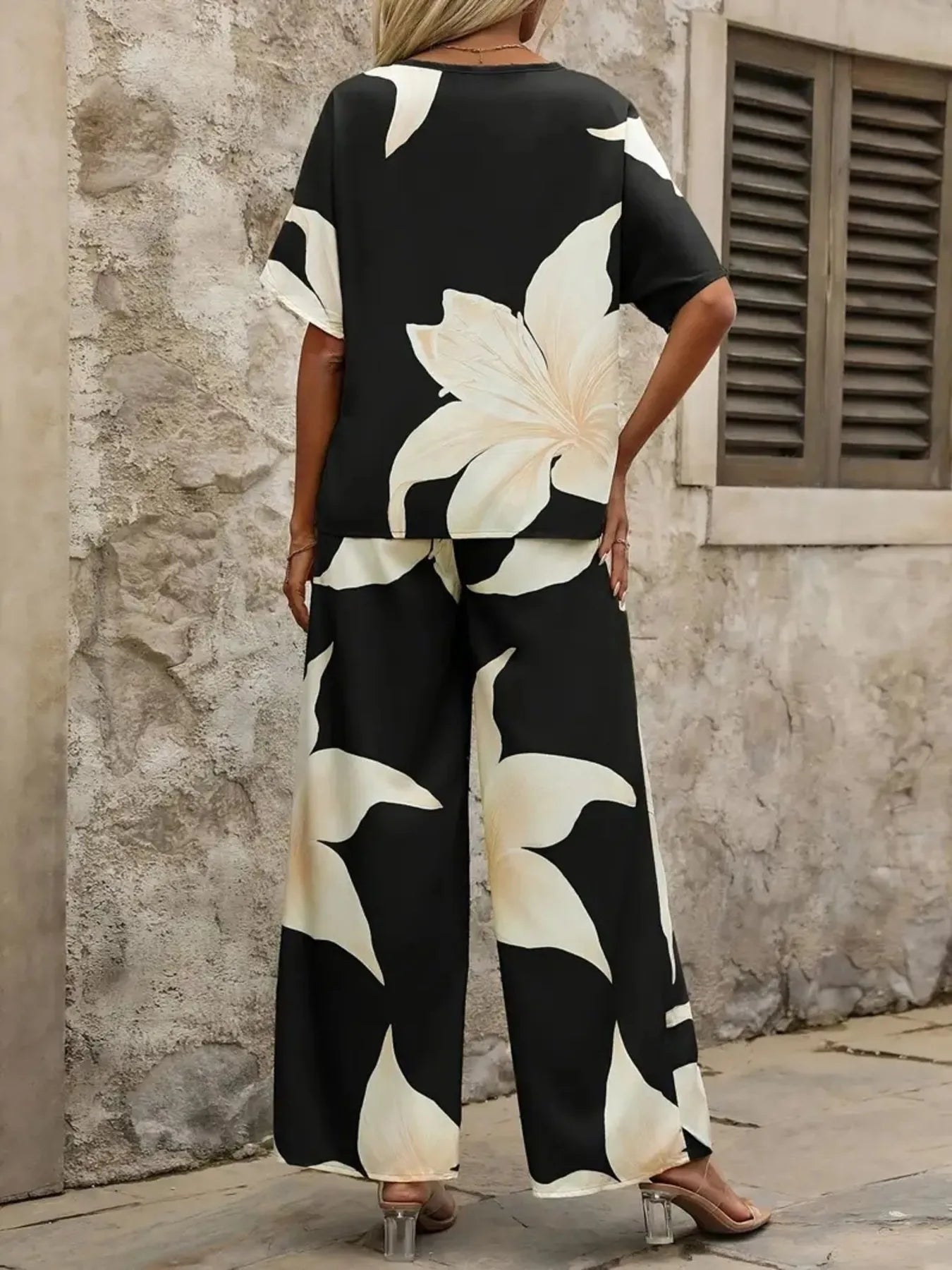 Back view of Printed V-Neck Two-Piece Set with bold floral print – Voguelle