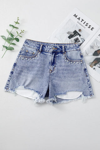 Flat lay front view of pearl studded denim shorts – Voguelle