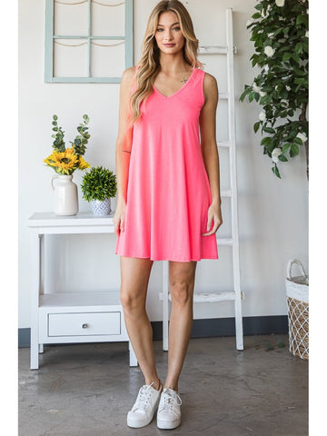 Hemline close-up of pink sleeveless casual mini tank dress – Voguelle