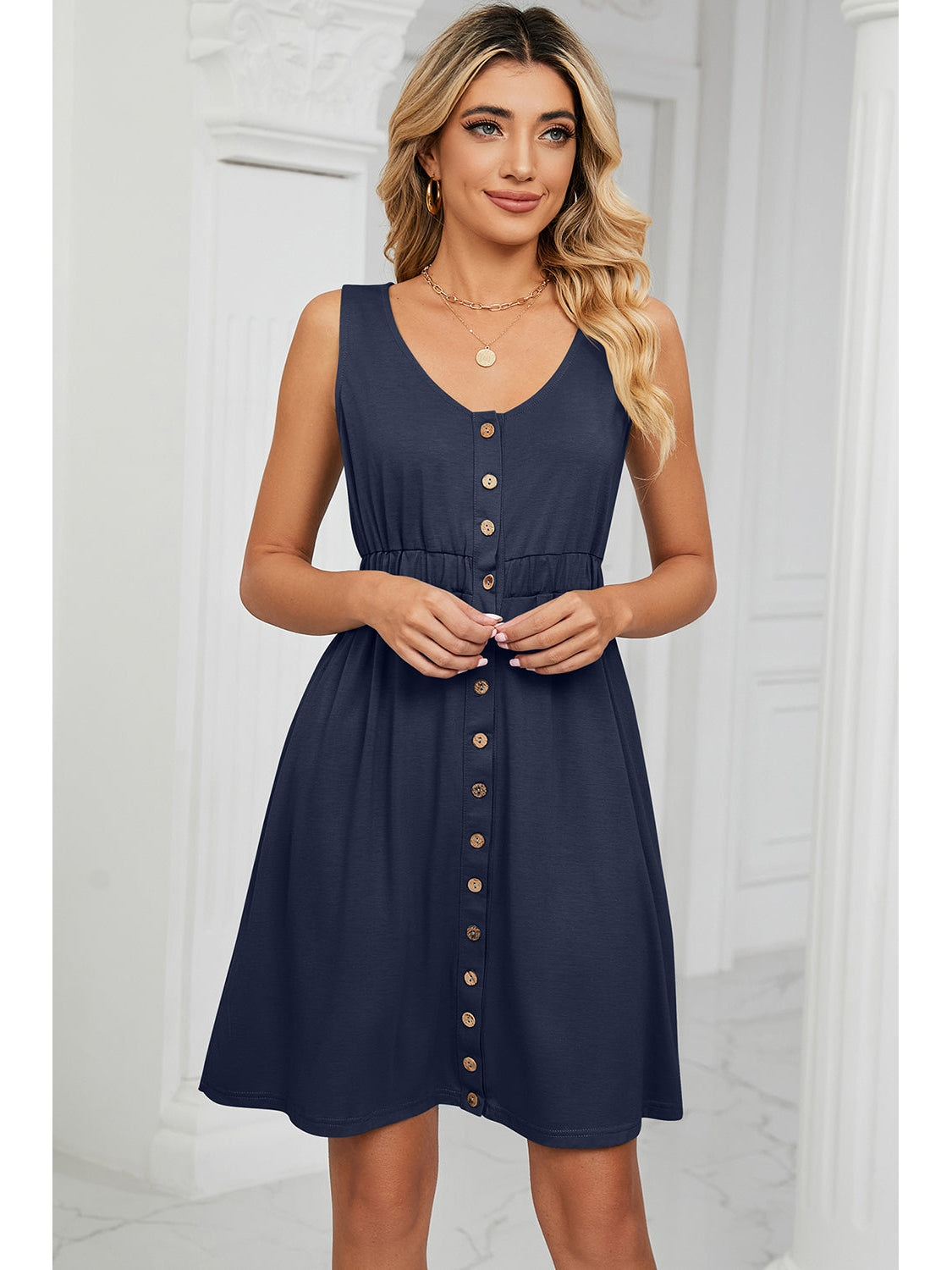 Side angle Buttoned Wide Strap Mini Dress – Voguelle
