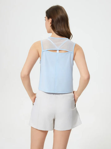 Back detail of Millennia Cropped Active Tank in beige – Voguelle