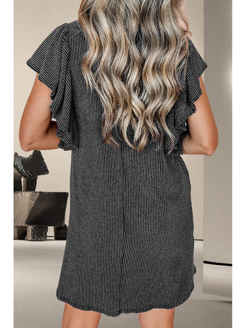 Front view of textured ruffled cap sleeve casual dress in teal – Voguelle