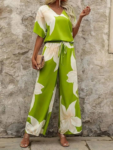 Printed V-Neck Top and Pants Set styled with heels – Voguelle