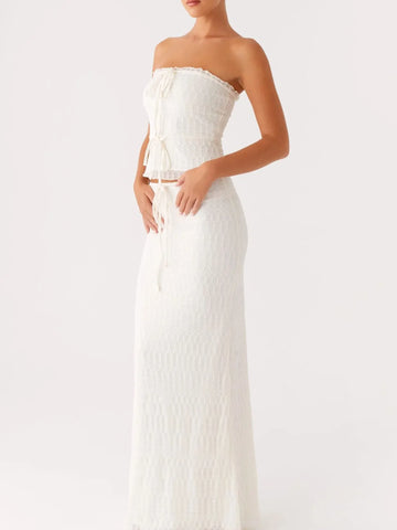 White lace tube crop top with tie accents styled with maxi skirt – Voguelle