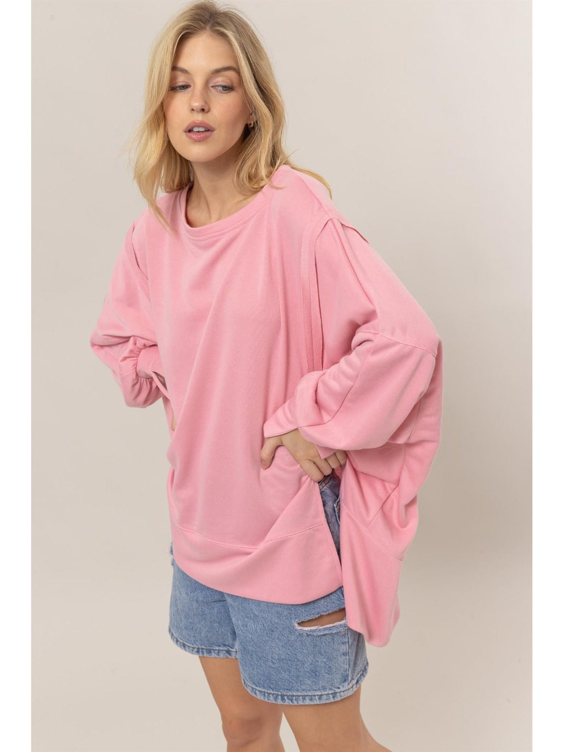 HYFVE Women's French Terry Long Sleeve High-Low Sweatshirt - 9Trends